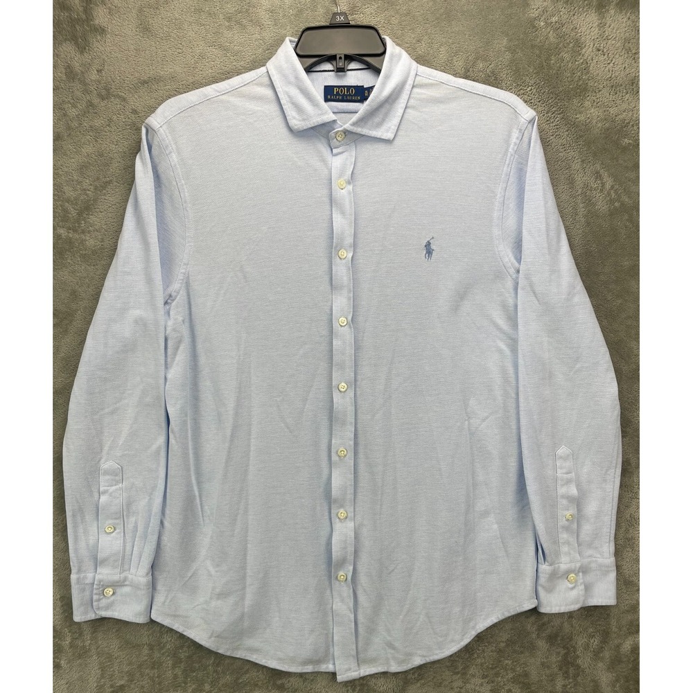 Polo Ralph Lauren Men's Shirt XL‎ Light Blue Knit Stretch Long Sleeve Button Up
